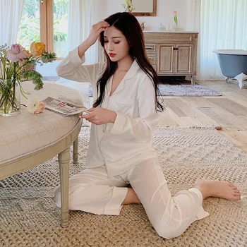 Noi Coreea Elegante Stras Butonul seturi de pijamale pentru femei din satin de mătase nobil pijamale femei sexy alb cu maneci lungi femei pijamale