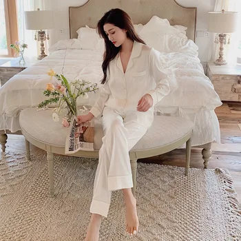 Noi Coreea Elegante Stras Butonul seturi de pijamale pentru femei din satin de mătase nobil pijamale femei sexy alb cu maneci lungi femei pijamale
