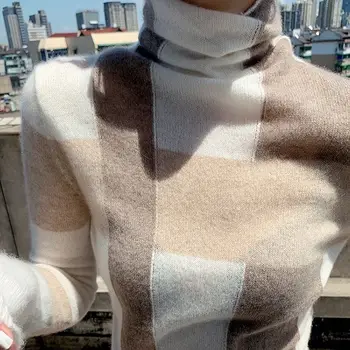2020 Nou Cașmir Pulover Femei High-Gât Culoare de Potrivire Lână Pură Pulover Moda Plus Dimensiune Cald Tricotate Bottom Shir