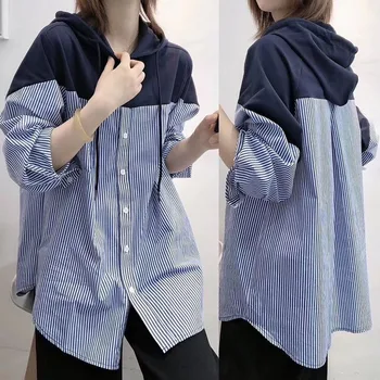 Stil Coreean Liber Hoodies Femei Cordon Topuri Bluze Plus Dimensiune 2020 Toamna Hanorac Cu Dungi De Cusut Cămașa De Sex Feminin 11943