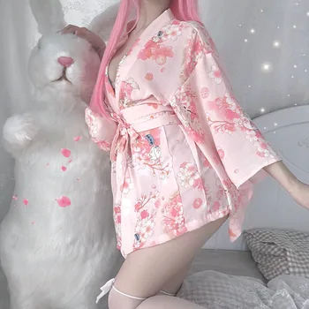Japoneze Sexy Roz Kawaii Kimono Cosplay Lenjerie Costum Stil Tradițional, Halat De Tentația De Costume Pijama Set Curea Pentru Femei