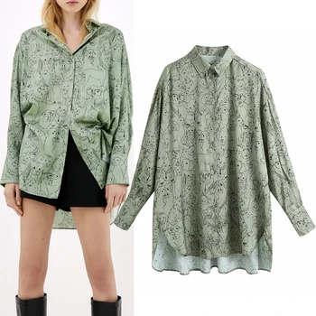 Verde Animale Imprimate Supradimensionat Buton De Cămașă Femei Za 2020 Toamna Cu Guler Maneca Lunga Bluze Femei Vrac Casual Top Lung