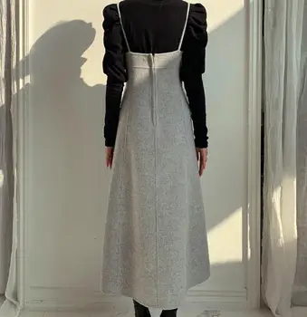 New sosire iarna epocă fără mâneci rochie de lână femei curea de spaghete talie mare rochie a-line