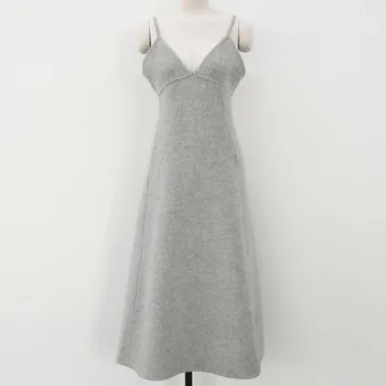 New sosire iarna epocă fără mâneci rochie de lână femei curea de spaghete talie mare rochie a-line