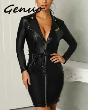 Genuo Noi 2019 Moda din Piele PU Rochii Femei V-Gât Mini cu Maneci Lungi Rochie Sexy Cercevea cu Fermoar Rochie Scurtă Neagră Vestido