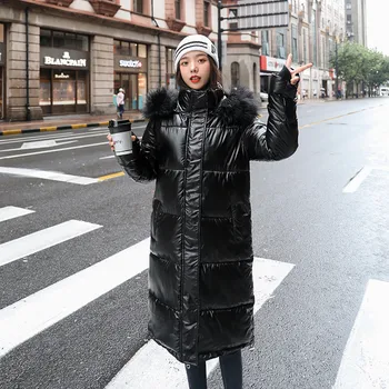 Femei Iarna Noi Guler de Blană cu Glugă Lungi Peste Genunchi Strat Pu Luminos, Pielea Este Subțire coreean Jos Parker Bumbac Sacou Femeie