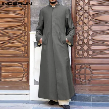 INCERUN Bărbați Solid Musulman Topuri Lungi Vintage de Toamna cu Maneca Lunga Stand Guler Abaya Jubba Om Acoperit Butoane Haine Islamice 5XL7