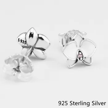 925 de Bijuterii de Argint Orhidee Stud Cercel Email Alb & Clear CZ Moda Cercei Pentru DIY Bijuterii Femei