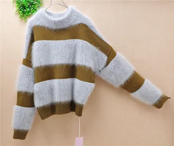 Doamnelor moda pentru femei gros ține de cald stil scurt nurca cașmir tricotate cu dungi loose pulover de angora blana de iepure iarna jumper