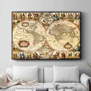 Veche Hartă a Lumii opere de Artă de Epocă Postere si Printuri de arta de Perete tablouri Decorative Canvas Tablou Pentru sufragerie Decor Acasă Neînrămate