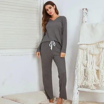 Pijama calde Set de Toamna Iarna pentru Femei V-neck Sleepwear Mâneci Lungi de Top cu Pantaloni de Pijama Set Poliester Culoare Solidă îmbrăcăminte de noapte