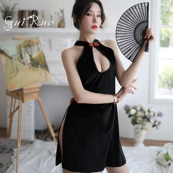 Femeie Sexy Stil Chinezesc Cheongsam Menajera Cosplay Dress Gol Backless Bandaj Halter Doamna Pijamale Split Lenjerie Erotica Qipao