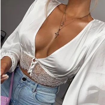 Femei De Primăvară Dantelă Gol Afară De Satin De Mătase Mozaic Butonul De Adânc V-Gât Lace Crop Top Cu Maneci Lungi Sexy Tricouri Bluza Feminin Blusas