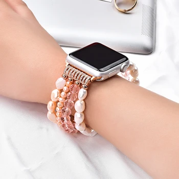 Bratara watchband pentru Apple Watch 5 44mm 40mm iwatch 4 3 Band 42mm 38mm Fată Drăguță lucrate Manual Moda cristal pearl Elastic Curea