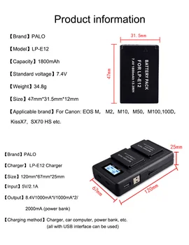 1800mAh LP-E12 LP-E12 LPE12 Baterie Li-ion + LCD Dual USB Incarcator pentru Canon EOS M50, EOS M100,100D Sărut X7 Rebel SL1 Camera