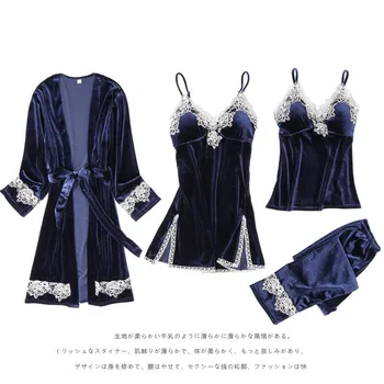 Noi Femeile Velur Haină de Nuntă Set Rochie Casual Cămașă de noapte Sexy Sleepwear dră de onoare Mireasa 4BUC Kimono-Halat de Baie SEXY Haine de Acasă