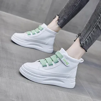 2020 Femei Adidasi Casual De Înaltă Top Velcro White Flats Din Piele Pantofi Student De Sex Feminin Casual Platforma Crește Vulcanizat Pantofi