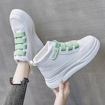 2020 Femei Adidasi Casual De Înaltă Top Velcro White Flats Din Piele Pantofi Student De Sex Feminin Casual Platforma Crește Vulcanizat Pantofi