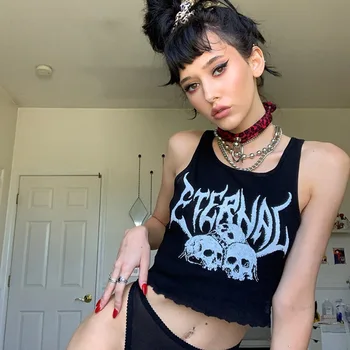 Gothic Punk Negru Scrisoare De Imprimare Topuri De Cultură Femei De Moda De Stradă Craniu Rezervor De Top De Vară Sexy Rochie Fără Mâneci Largi Casual Harajuku Topuri