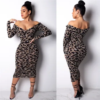 Moda Sexy Leopard de Imprimare Rochie Femei, cu Maneci Lungi la Mijlocul lunii vițel Slim Slash Rochie de Toamna Streetwear