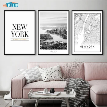 New York Poster Harta Orașului Panza Pictura Clădire Arta De Perete Panza Printuri Peisaje Alb-Negru Imagine Perete Pentru Camera De Zi