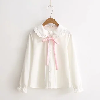 Femei de Primavara Toamna Kawaii Șifon Bluza Japonia Stil Drăguț Peter Pan Guler de Dantelă-up Arc Cămăși Albe Drăguț Blusa pentru Școală