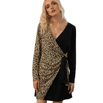2020 Toamna Leopard Rochii pentru Femei cu Maneci Lungi Negru Rochie Mini Streetwear Mozaic Sexy V-Neck Îmbrăcăminte Halat Femme Vestidos