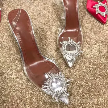 Sandale femei tocuri inalte pista de design de cristal soare flori decor 2020 a subliniat toe slingback satin pompe cupa pantofi cu toc
