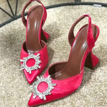 Sandale femei tocuri inalte pista de design de cristal soare flori decor 2020 a subliniat toe slingback satin pompe cupa pantofi cu toc