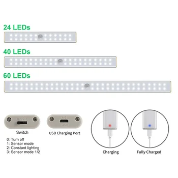24/40/60 Cabinet CONDUS de Lumină USB Reîncărcabilă Lampă de Noapte Senzor de Mișcare PIR, Lumina de Noapte pentru Dulap de Bucătărie Dulap Dormitor Lampe