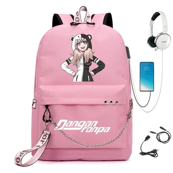 Anime Danganronpa Junko Lanț Rucsac Pentru Femei Barbati USB de Încărcare Panza Student Mochilas Pentru Adolescenți, Băieți și Fete ghiozdane