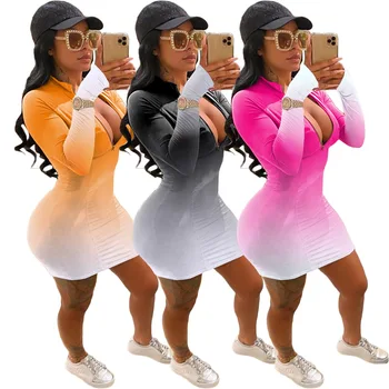 Femei de moda Colorant Cravată Bandaj Rochie Mini Eleganta cu Maneci Lungi cu Fermoar Bodycon Imprimare Doamnelor Rochii de Petrecere Club de Streetwear vestidos