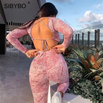 Sibybo Tie Dye Print Sexy Backless Femei Set Vara Cordon De Sus A Culturilor Pantaloni Lungi Seturi De Sex Feminin Antrenament Sportiv Treninguri 2020