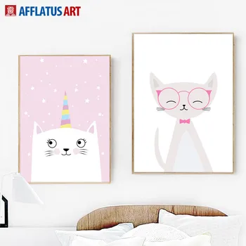 Desene Animate Cu Unicorn Cat De Arta De Perete Panza Pictura Nordică Postere Si Printuri Canvas Art Animale Imagini De Perete Camera Copii Fată Cameră Decor