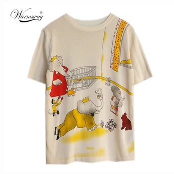 Design De Moda Pentru Femei Maneci Scurte Vintage Tricotat De Sus 2021 Primavara-Vara Elefant De Desene Animate De Imprimare De Înaltă Calitate T-Shirt Pe B-068