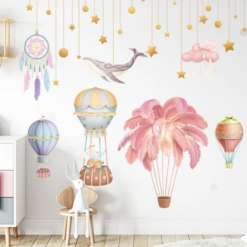 Perete Amovibil Autocolante Roz Balon Cu Aer Cald, Desene Animate Puiul De Elefant, Balena Cerul Înstelat Perete Decal Grădiniță Decorare Sala De Clasă