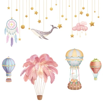 Perete Amovibil Autocolante Roz Balon Cu Aer Cald, Desene Animate Puiul De Elefant, Balena Cerul Înstelat Perete Decal Grădiniță Decorare Sala De Clasă