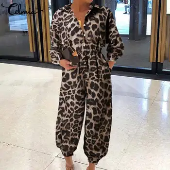 Femei Combinezoni Celmia Sexy Leopard de Imprimare Salopetă Mânecă Lungă Salopete Pantaloni Casual Pierde Costum Plus Dimensiune Salopete 5XL