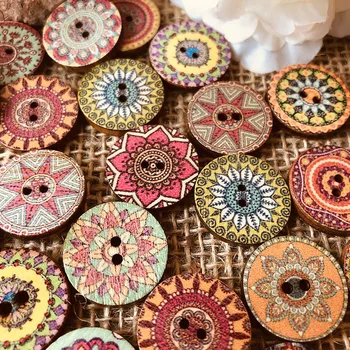 100buc Rotund Stil Indian/ Stil Boem Colorat Pictura Lemn Buton, Cusut Resturi de rezervare Lemn Natural Ornamente de Aprovizionare