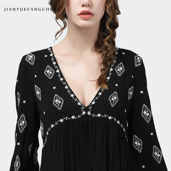 Moda Îmbinat Femei Bluza Neagra Brodate V-Neck Maneca Plin Vascoza Topuri Plus Dimensiune Cutat Toamna Anului Nou Bluze Lungi Casual