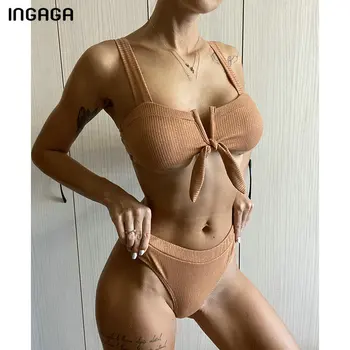 INGAGA Talie Mare Bikini Push Up Costume de baie de Înaltă Tăiat Costume de baie Femei V-neck Biquini Costume de Baie cu dungi Arc Beachwear 2021 Noi