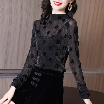 Femei Primavara Toamna Bluza Stil Camasa pentru Femei Guler Polka Dot Maneca Lunga cu Paiete coreean Elegante, Topuri SP1096