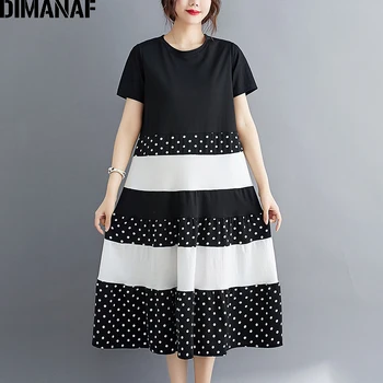 DIMANAF Vara Plus Dimensiunea Rochie de Femei de Îmbrăcăminte de Modă Sundress Liber Print Dot Cutat Îmbinat Bumbac Doamna Vestidos Rochie Neagră