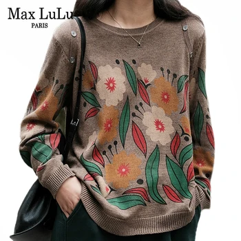 Max LuLu Britanic De Lux De Designer Primavara Femei Imprimate Pulovere De Epocă Doamnelor Florale Vrac Jumperi Elastic Plus Dimensiune Pulovere