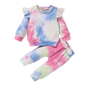 2020 Noua Moda 2 buc 0-4 ani Fetita Toamna OutfitsTie Dye Print cu Maneci Lungi Zburli T-Shirt + Bowknot Pantaloni Set