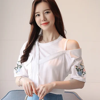 Camasi Femei 2021 Cămăși Albe Bluza Femei Topuri Coreeană De Moda De Îmbrăcăminte Tricouri Cu Dungi Broderie Bluza Femei 2701 50