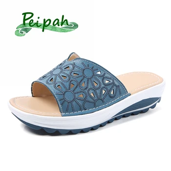 PEIPAH Piele naturala Papuci Femei Pene Platforma Sandale Casual în aer liber Pantofi Moi Femeie de Vară 2020 Doamnelor Papuci de Plaja