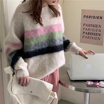 Noi de iarna casual supradimensionate de culoare de potrivire cu dungi cu tricotat pulovere gât rotund femei pulovere