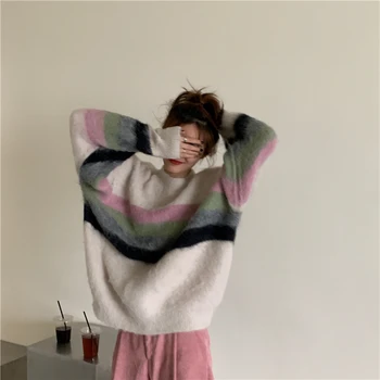 Noi de iarna casual supradimensionate de culoare de potrivire cu dungi cu tricotat pulovere gât rotund femei pulovere