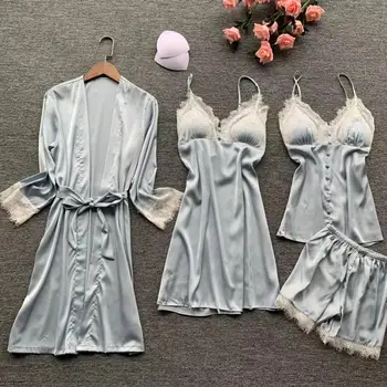 2021 Femei Set De Pijama Pijama Satin Dantelă Pijama Mujer Lenjerie Sexy Elegant Îmbrăcăminte De Noapte De Mătase 4 Bucăți De Flori De Imprimare Sleepwear